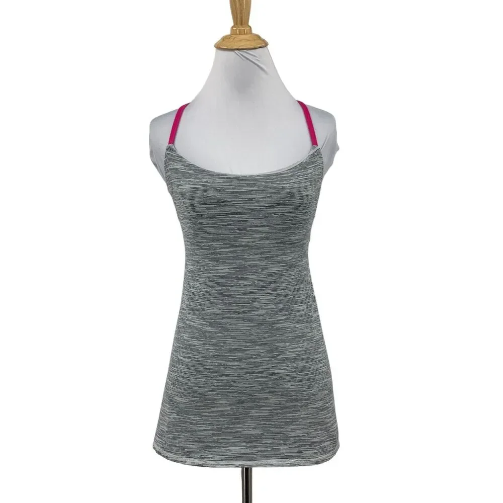Lululemon Dancing Warrior Tank Top Womens 6 Gray Pink Strappy Shelf Bra Athletic